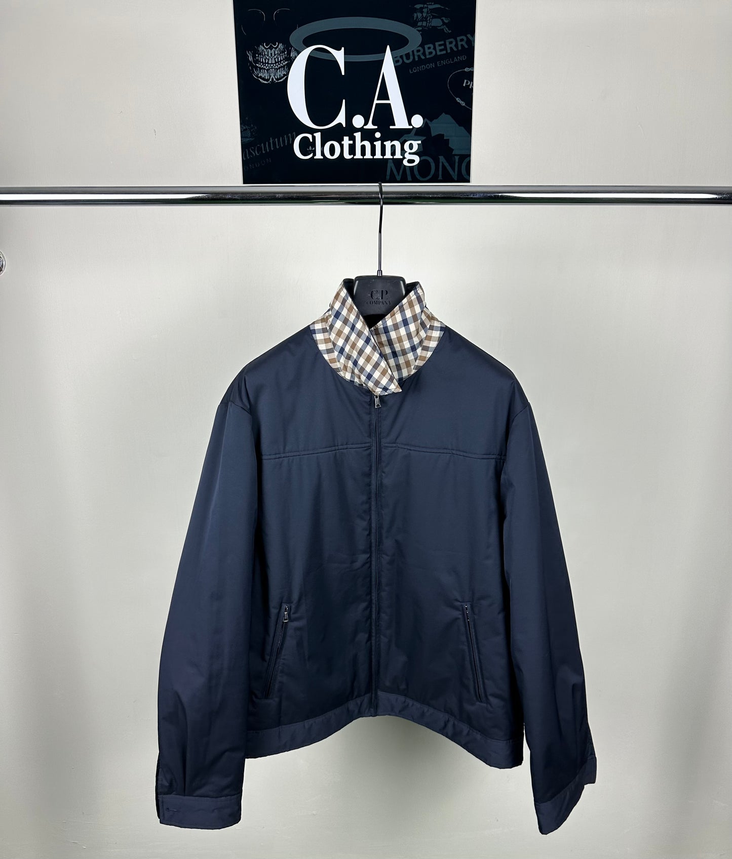 Aquascutum Padded Checked Collar Navy Overshirt Size (2XL)